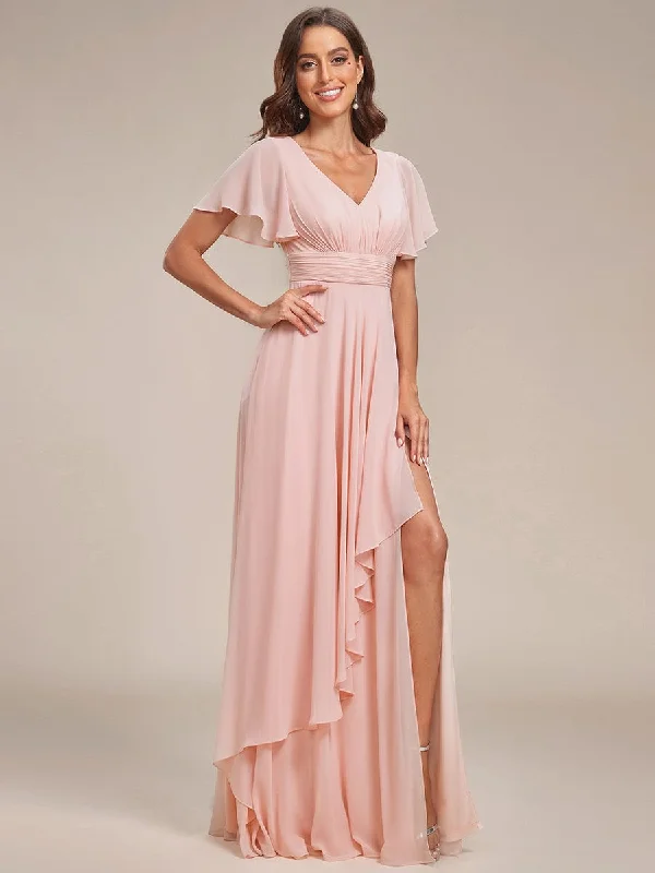 Ruffles Sleeve High Slit with Louts Leaf Chiffon Evening Dress Floral unclassified dresses