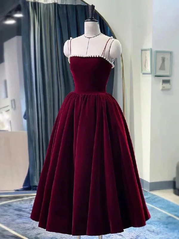 Simple burgundy tea length prom dress, burgundy homecoming dress Engagement unclassified dresses