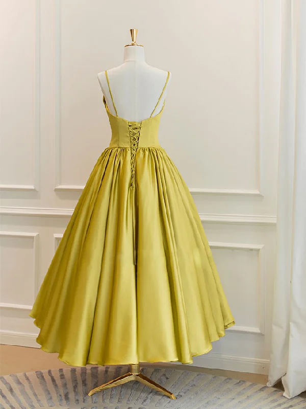 Simple Yellow Satin Tea Length Prom Dress, Yellow Homecoming Dress Affordable unclassified dresses