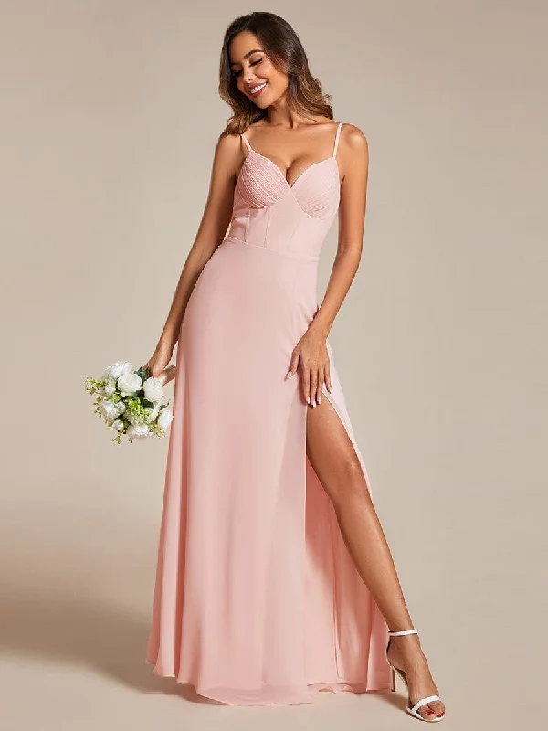 Spaghetti Strap V-Neck Chiffon Bridesmaid Dress with High Slit Summer unclassified dresses