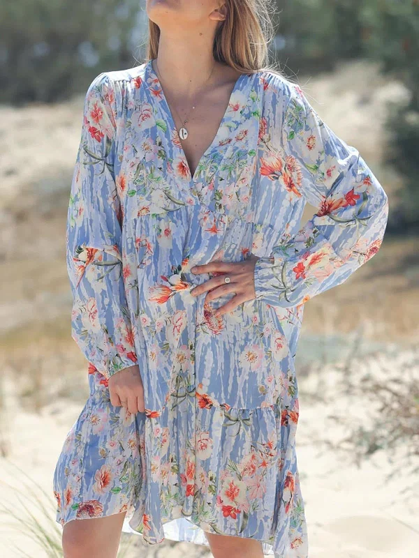 Women's Dresses Printed V-Neck Long Sleeve Dress Comfortable floral dresses for everyday wear