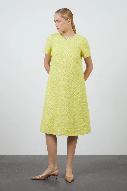 Yellow Tweed Dress with Back Collar Buckle Detail Neutral tone unclassified dresses