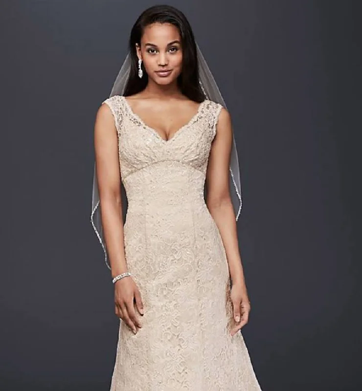 David's Bridal  Beaded Lace Trumpet Long Sleeve Lace Dress