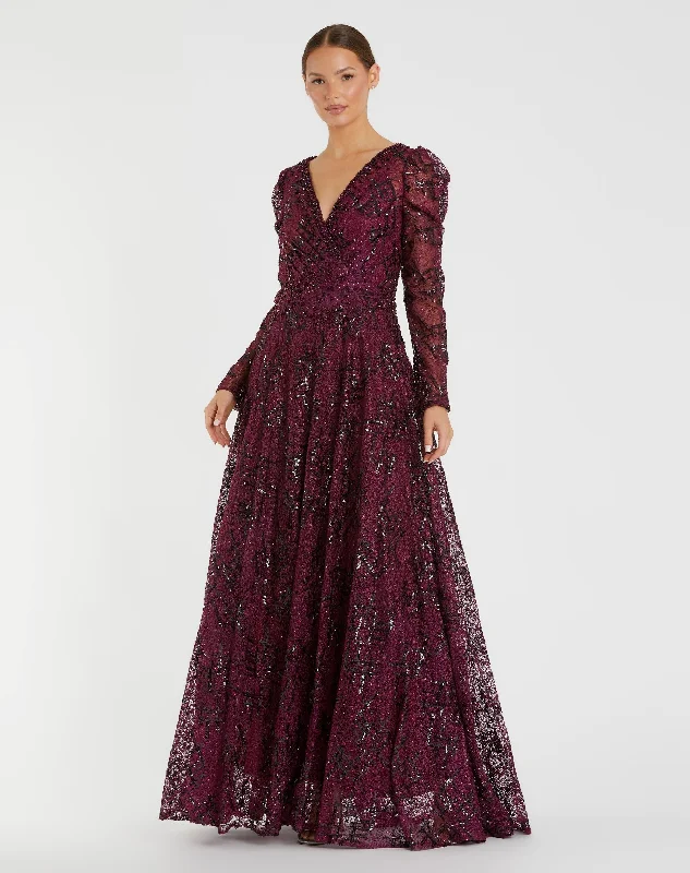 Embellished V Neck Long Sleeve A Line Gown Stretch Maxi Skirt