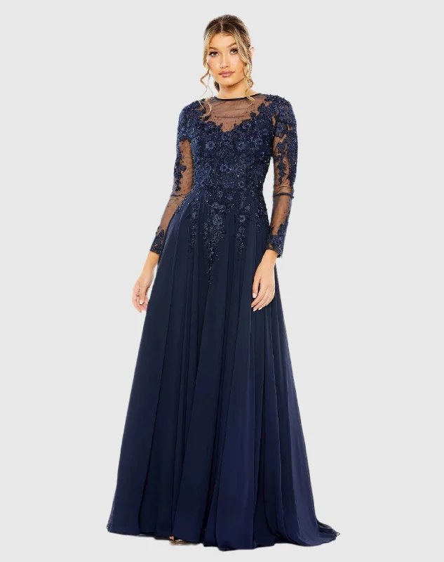 High Neck Mesh Long Sleeve Embellished A Line Gown Cotton Maxi Skirt