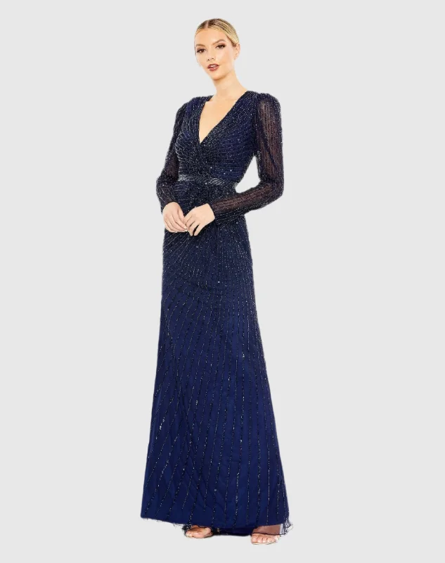 Sequined Wrap Over Long Sleeve Gown Soft Ruffled Maxi