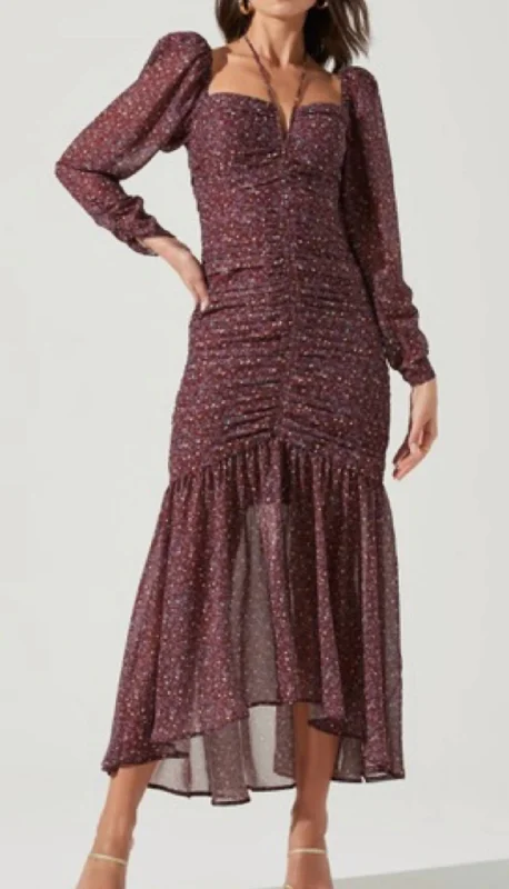 Ditsy Print Long Sleeve Dress In Purple/brown Maxi Skirt Style