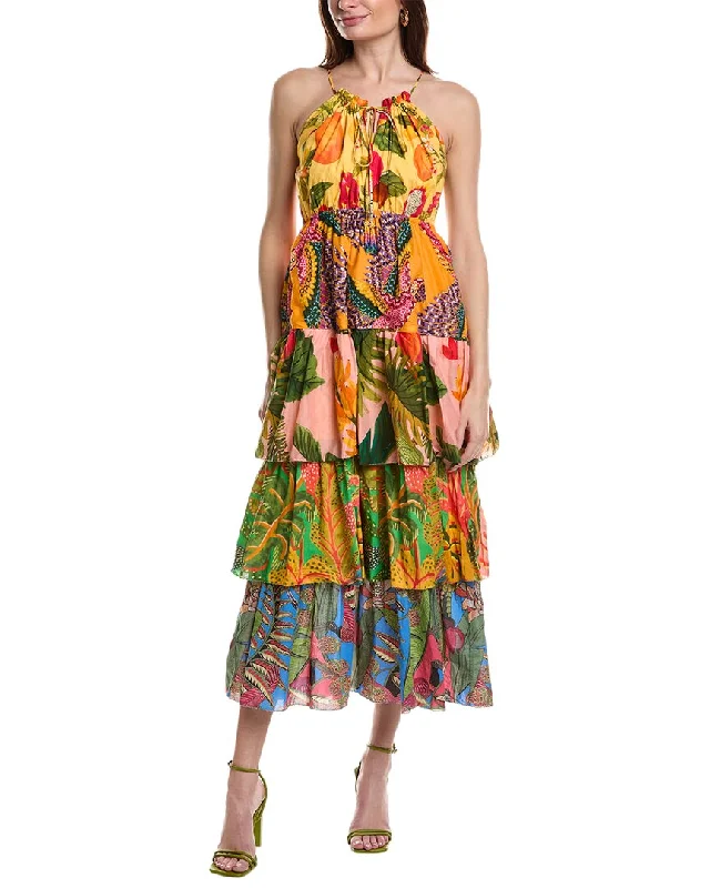 FARM Rio Colorful Mixed Prints Tiered Maxi Dress Lace Detail Maxi