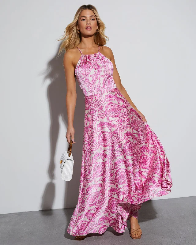 Maxine Satin Paisley Halter Maxi Dress Bold Maxi Skirt