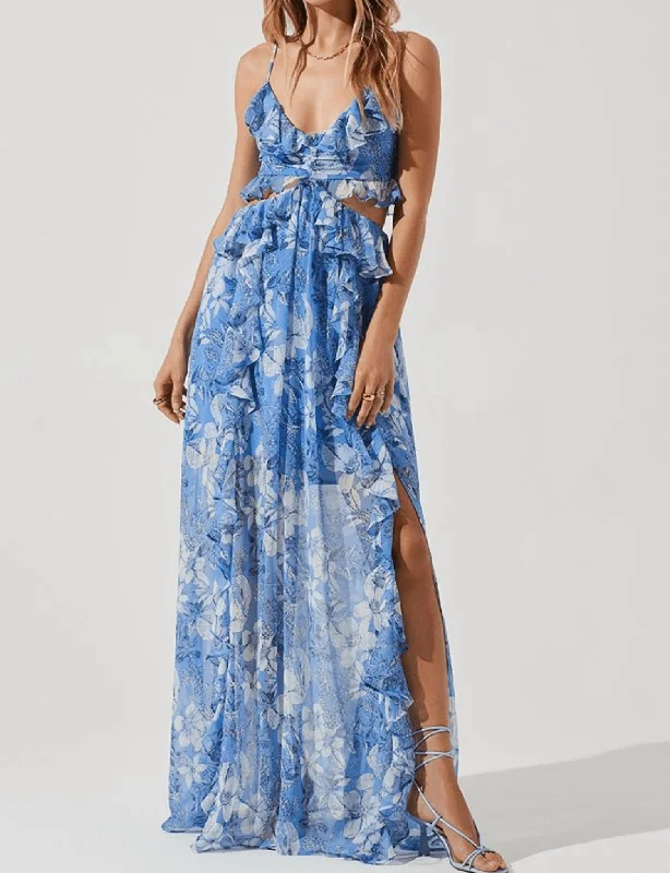 Palace Cut Out Floral Maxi Dress In Blue/white Tartan Maxi Skirt