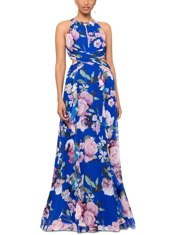 Womens Floral Print Chiffon Maxi Dress Ruffled Maxi Skirt