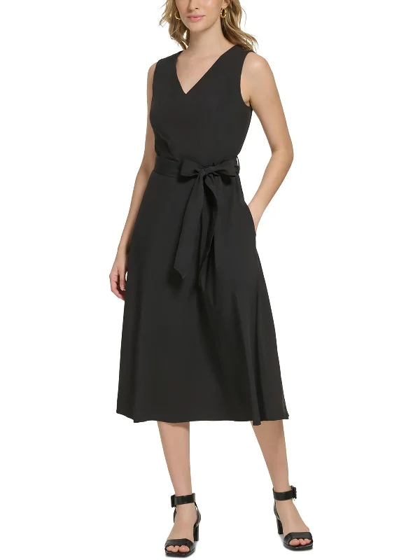 Womens V-Neck Long Fit & Flare Dress Pleated A-line Skirt