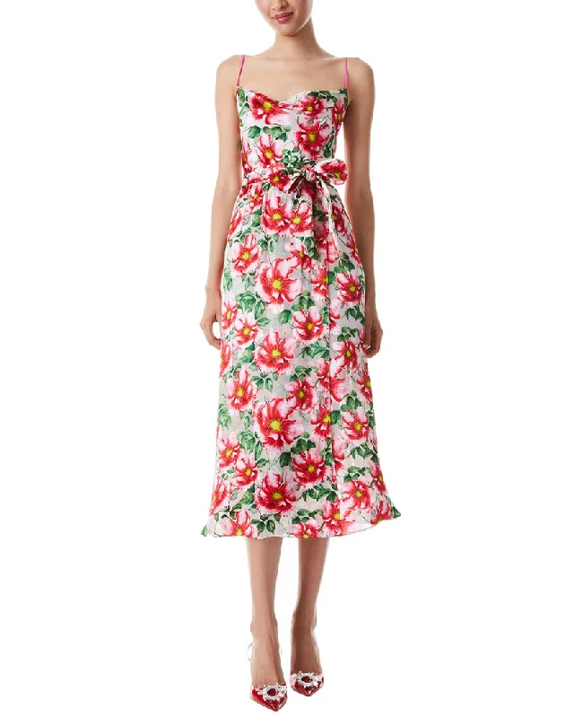 alice + olivia Samantha Cowl Neck Silk-Blend Midi Dress Soft A-line Skirt