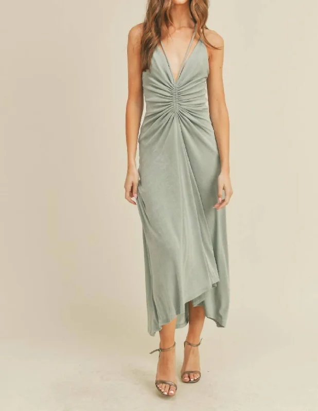 All The Drama Ruched Halter Midi Dress In Minty Grey Sporty Midi Skirt