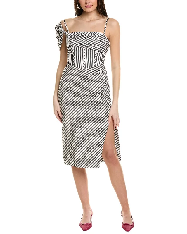 Carolina Herrera One-Shoulder Corset Bodice Midi Dress Polka Dot Midi