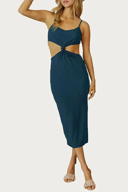 Knotted Cutout Midi Dress In Teal Midi Skirt Dress