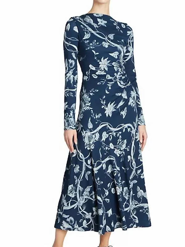 Long Sleeve Floral Jersey Midi Dress With Drawstring In Indigo Winter Midi Skirt