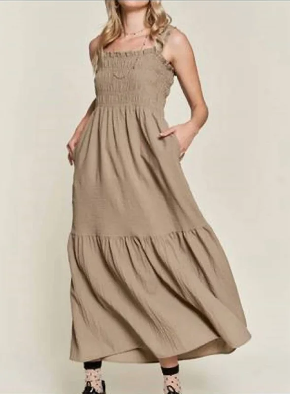 Smocked Tuffle Sleeveless Midi Dress In Taupe Cozy Midi Dress