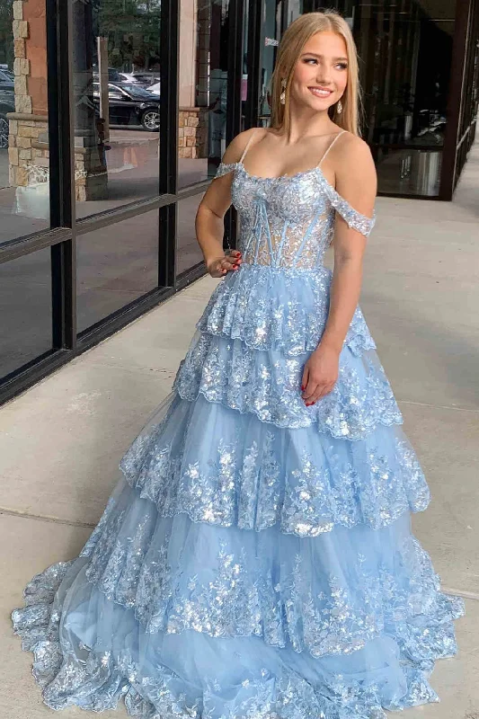 A-Line Cold Shoulder Light Blue Sequin Ruffle Tiered Prom Dress Gold Sequin Dress