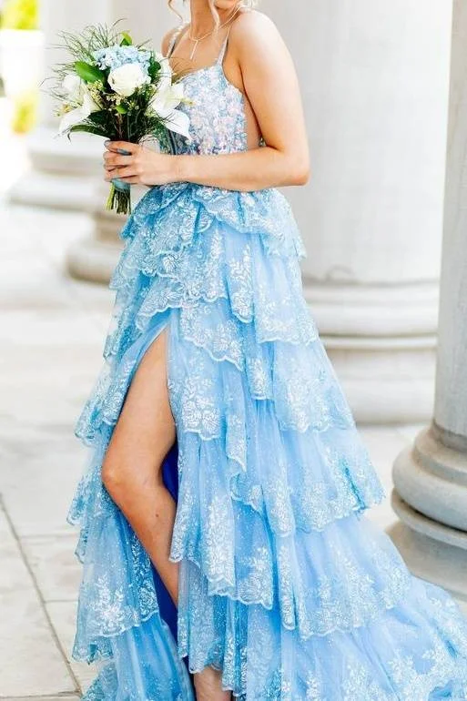 Blue Straps Sequin Applique Ruffle Prom Dress with Slit Sequin Cocktail Dress