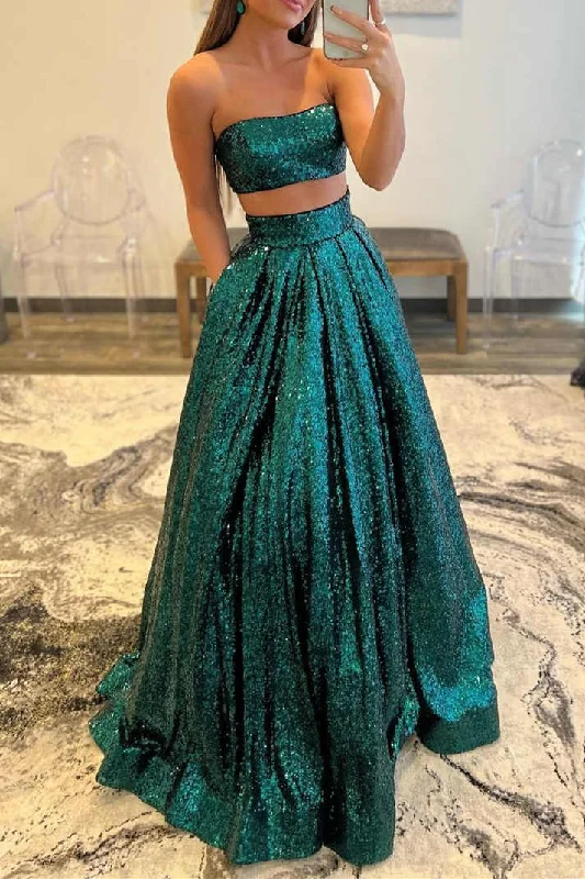 Emerald Green Sequins Two Piece Prom Dress with Pockets All-Over Sequin Dress