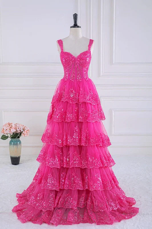 Fuchsia Sweetheart Corset Sequin Layered Ball Gown Sequin Lace Dress