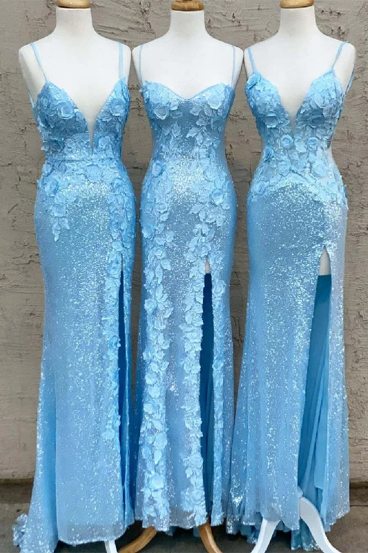 Glitter Sky Blue Sequins Long Prom Dress with Flower Appliques Bodycon Sequin Dress