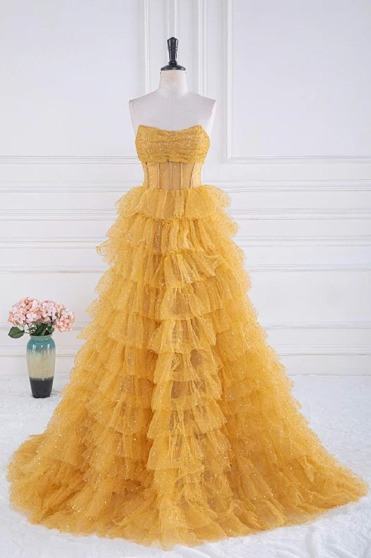 Gold Strapless Sequin Ruffle Layered Long Prom Dress Elegant Sequin Gown