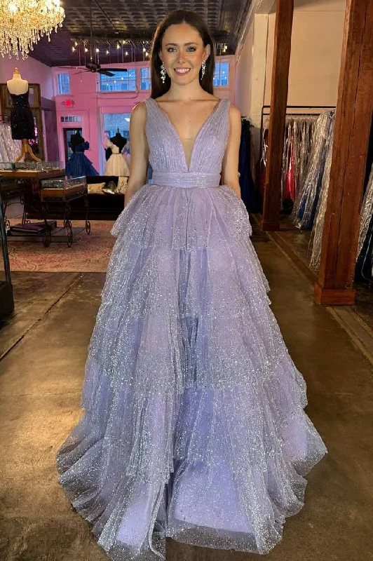 Lavender V-Neck Sequins Tulle Ruffle Prom Dress Sequin Mini Dress