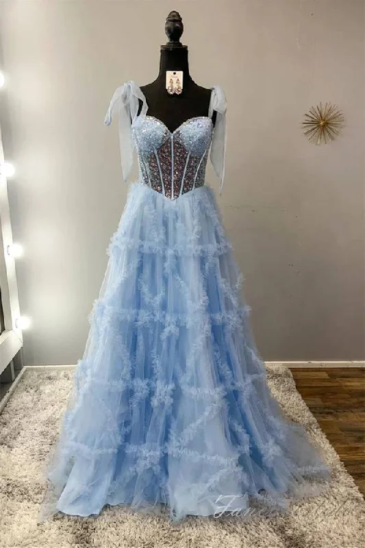 Light Blue Sequin Layered A-Line Prom Dress with Bow Tie Straps Classy Sequin Dress