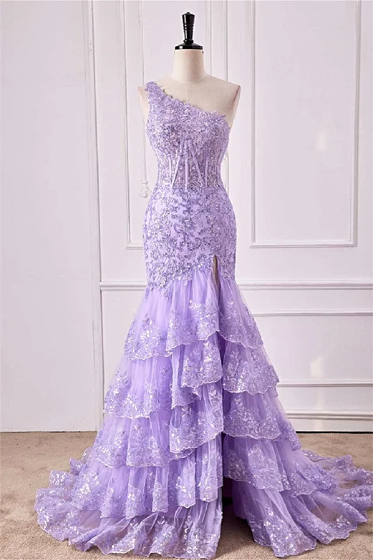 Mermaid One Shoulder Lavender Sequin Appliques Ruffle Prom Dress Satin Sequin Dress