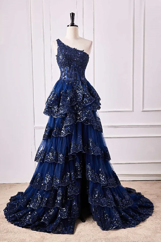 Navy Blue One Shoulder Sequin Ruffle A-Line Formal Dress All-Over Sequin Dress