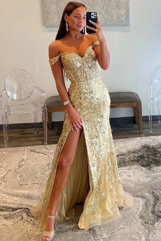 Off the Shoulder Gold Sequin Corset Mermaid Prom Dress with Slit Silver Glitter Sequin