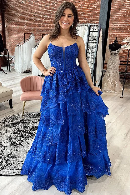 Royal Blue Straps Tiered A-Line Prom Dress with Sequins Pink Sequin Gown