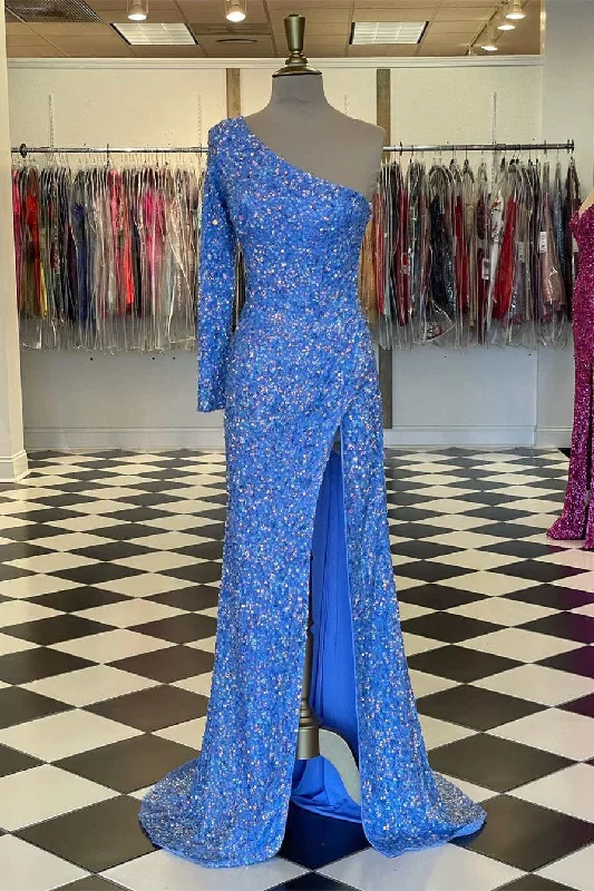 Sparkly Blue Sequind Long Sleeve Prom Dress Sleeveless Sequin Dress