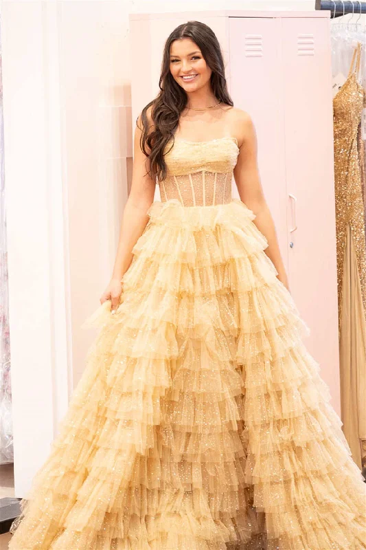 Strapless Gold Layered Tulle Long Formal Dress with Sequins Sequin Dress Appeal