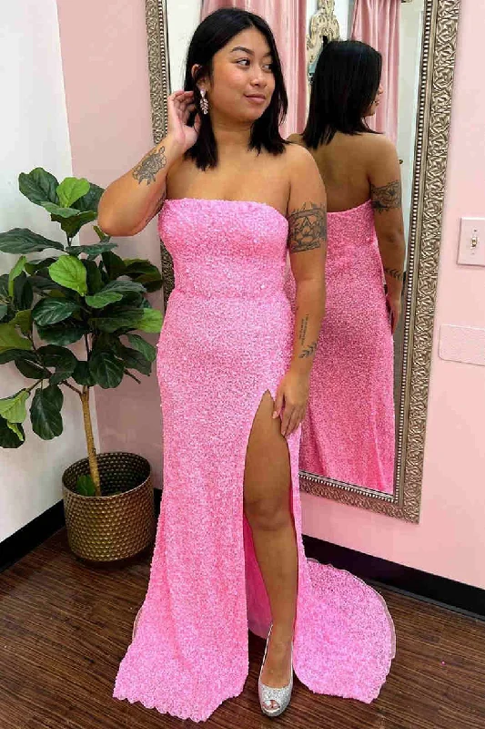 Strapless Pink Sequins Prom Dress with Slit Sequin Lace Dress