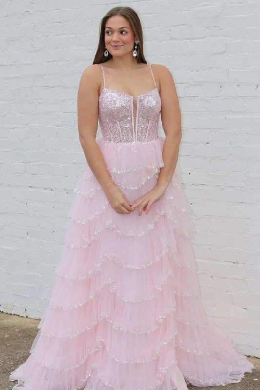 Straps Plunging Neck Pink Sequin Tiered Prom Gown Blue Sequin Dress