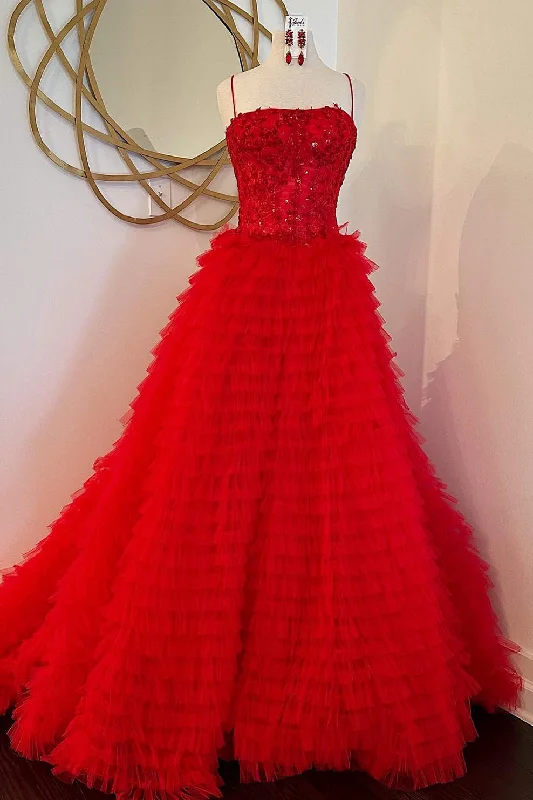 Straps Red Sequin Appliques Layered Tulle Ball Gown Sequin Fit Dress